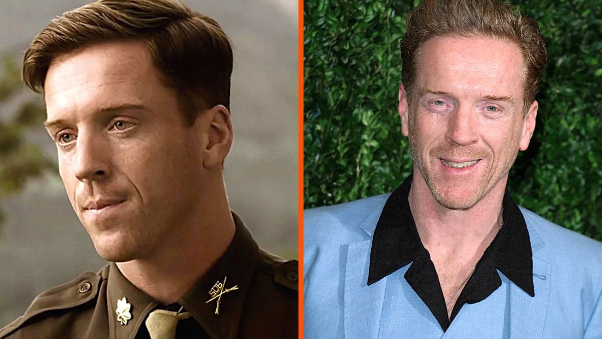 Montage of actor Damian Lewis with images from his character in 'Band of Brothers' and a red carpet appearance in 2023.
