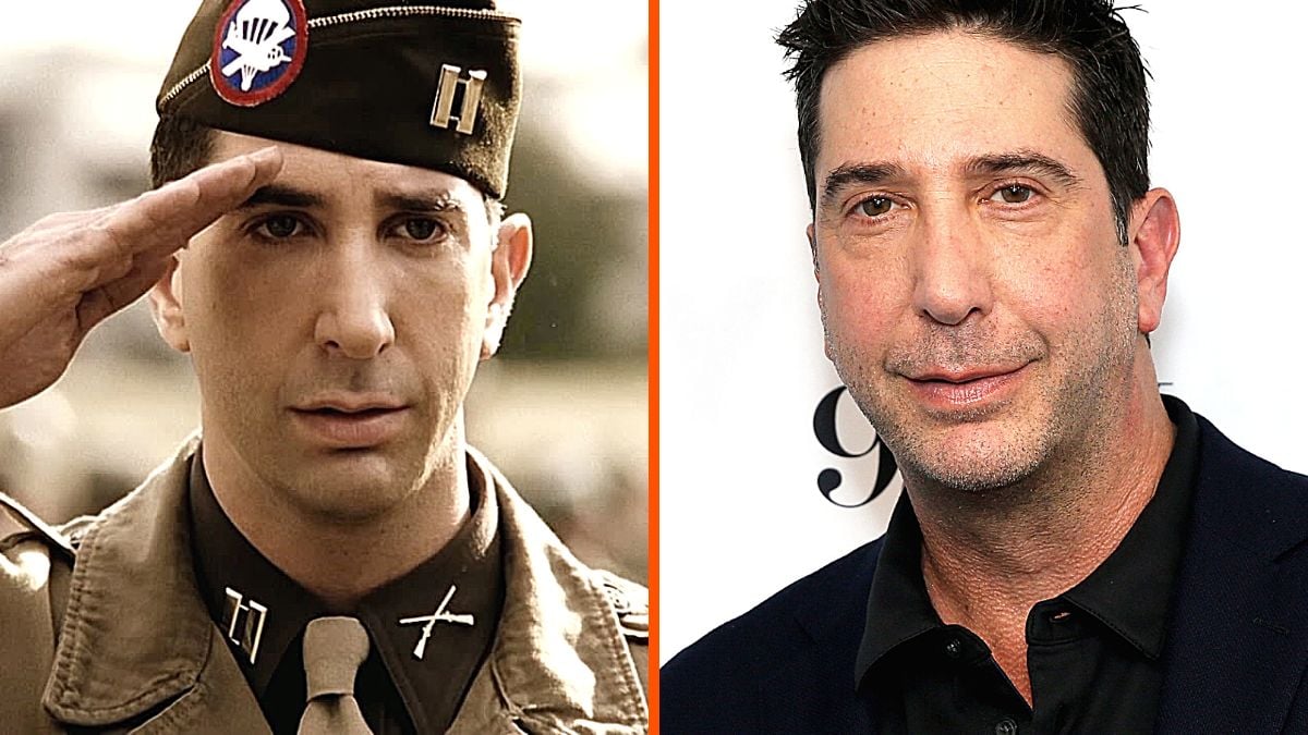 Montage of actor David Schwimmer with images from his character in 'Band of Brothers' and a red carpet appearance in 2022.