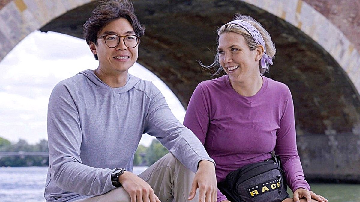 Derek Xiao and Claire Rehfuss are all smiles during 'The Amazing Race' Season 34.