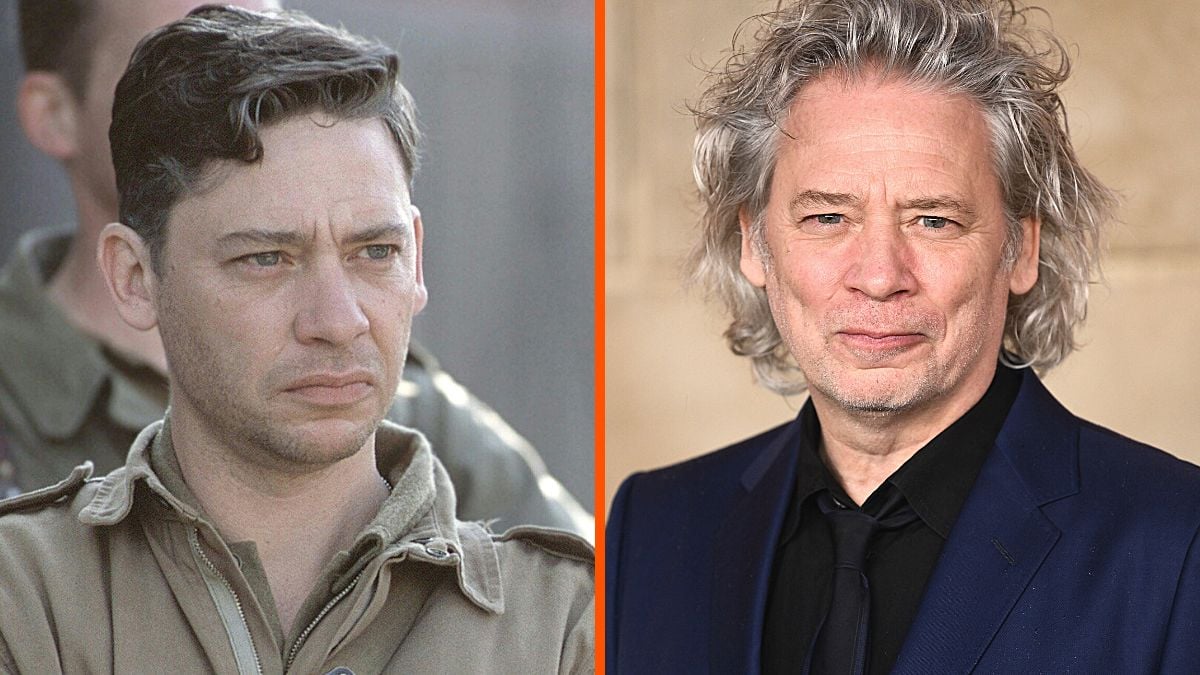 Montage of actor Dexter Fletcher with images from his character in 'Band of Brothers' and a red carpet appearance in 2023.