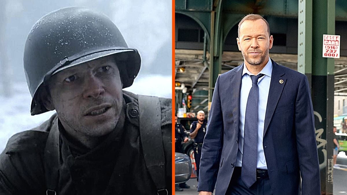 Montage of actor Donnie Wahlberg with images from his character in 'Band of Brothers' and his character in 'Blue Bloods'.