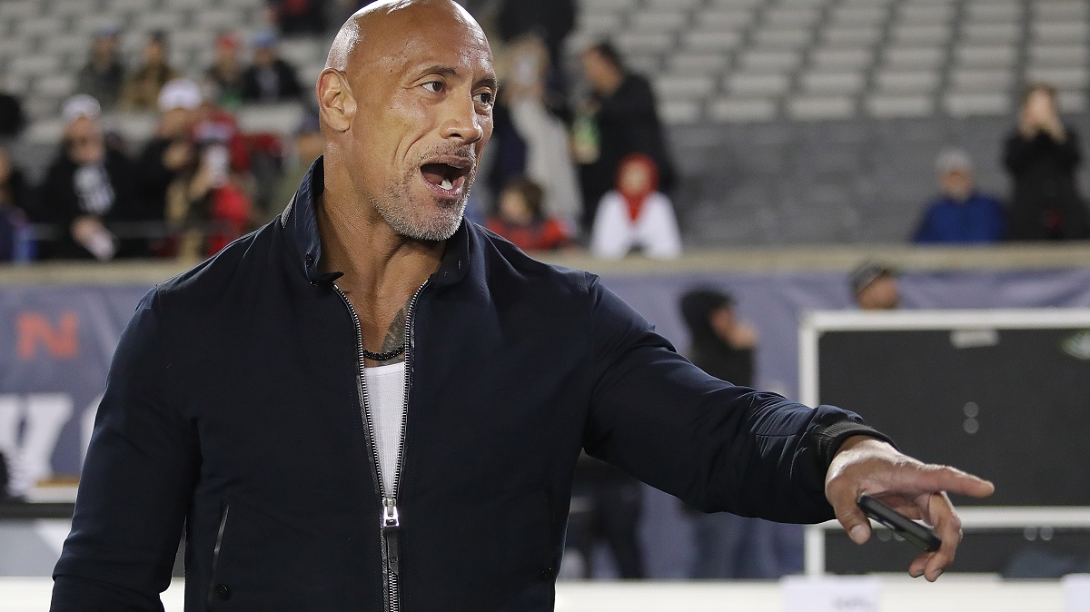 HOUSTON, TEXAS - FEBRUARY 18: XFL co-owner Dwayne "The Rock" Johnson make an appearance at TDECU Stadium as the Houston Roughnecks play the Orlando Guardia on February 18, 2023 in Houston, Texas.