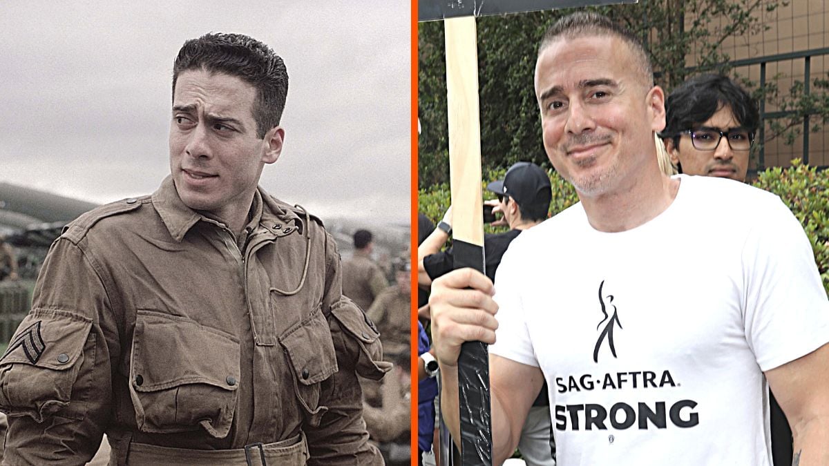 Montage of actor Kirk Acevedo with an image from his character in 'Band of Brothers' and a picture of him at a SAG-AFTRA picket line in 2023.