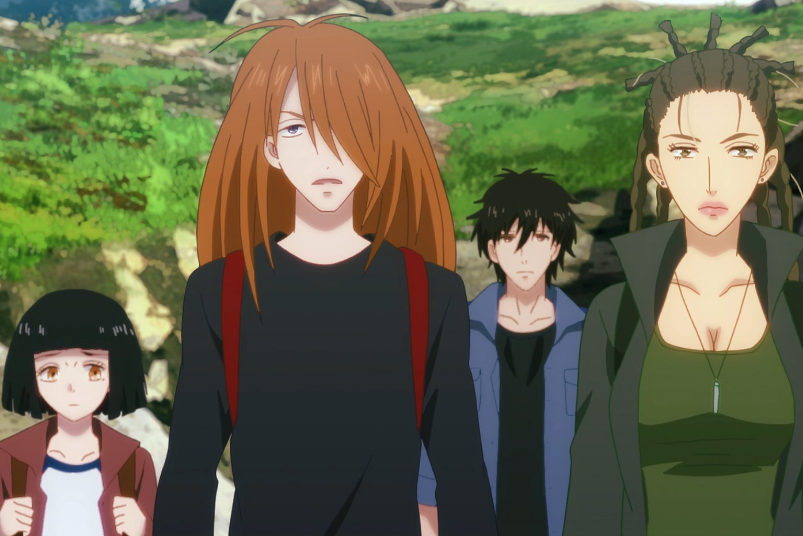 Characters from 7 Seeds stand in front of green mountains, with stern looks on their faces. 