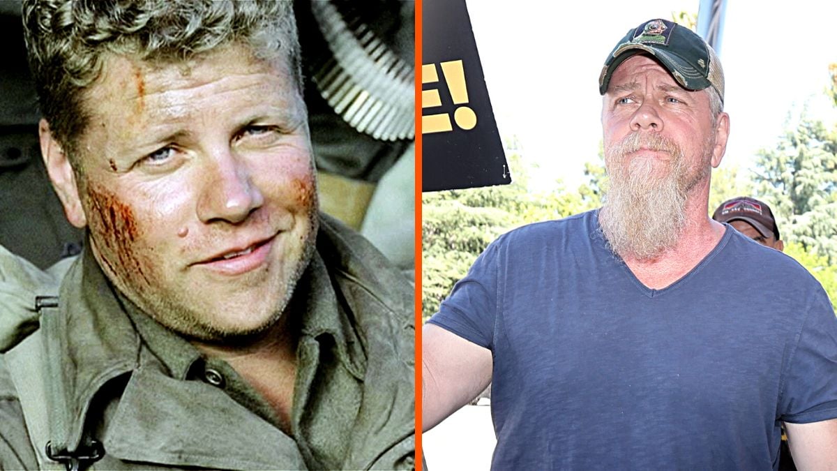 Montage of actor Michael Cudlitz with an image from his character in 'Band of Brothers' and a picture of him at a SAG-AFTRA picket line in 2023.