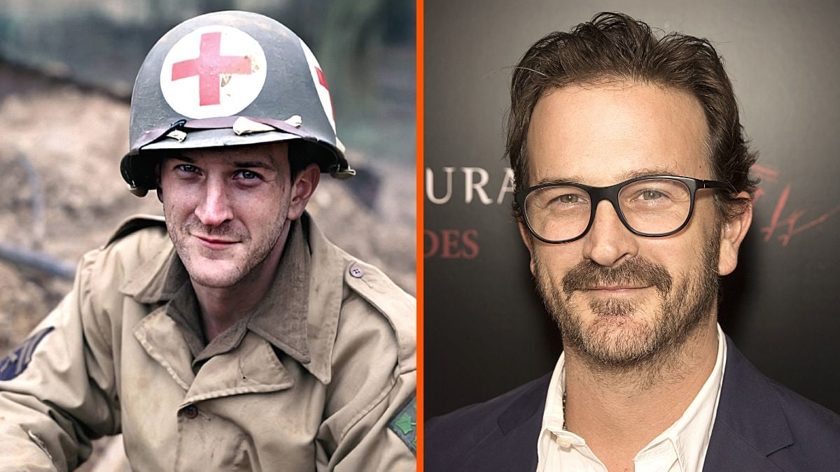 Montage of actor Richard Speight Jr. with images from his character in 'Band of Brothers' and a red carpet appearance in 2018.