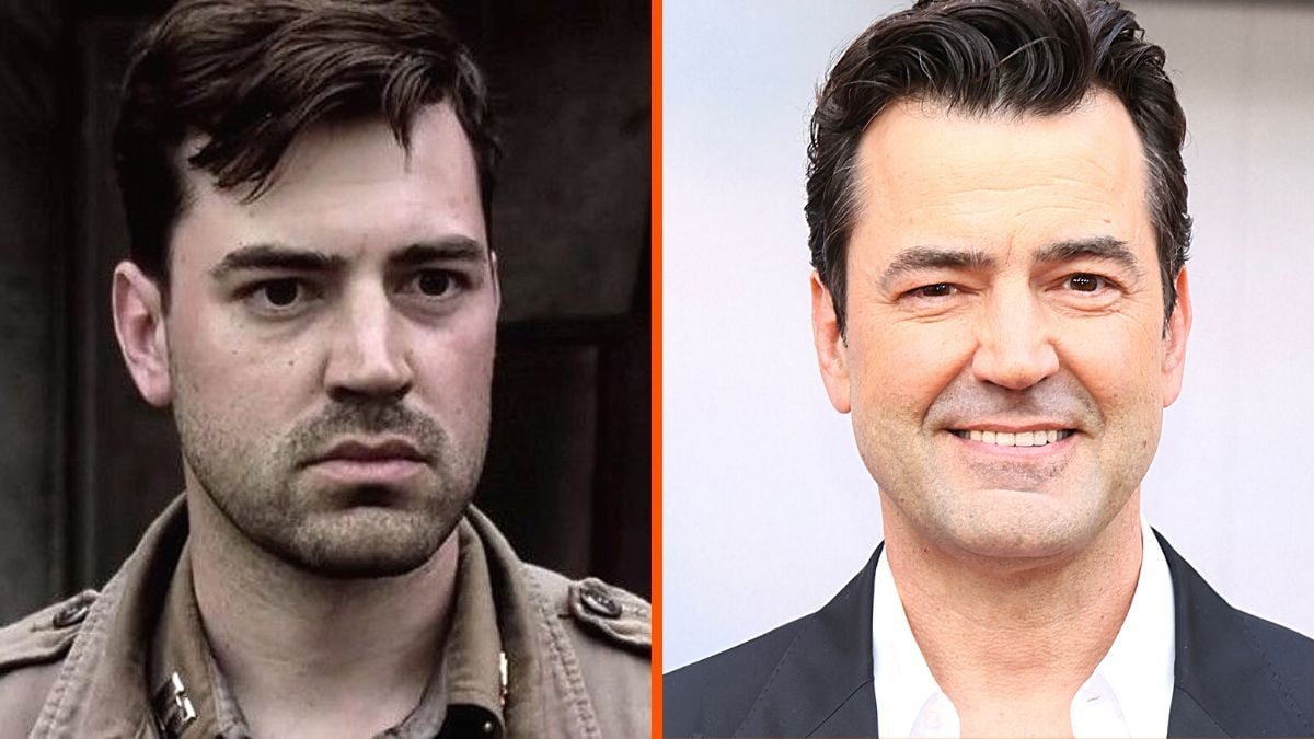 Montage of actor Ron Livingston with images from his character in 'Band of Brothers' and a red carpet appearance in 2023.
