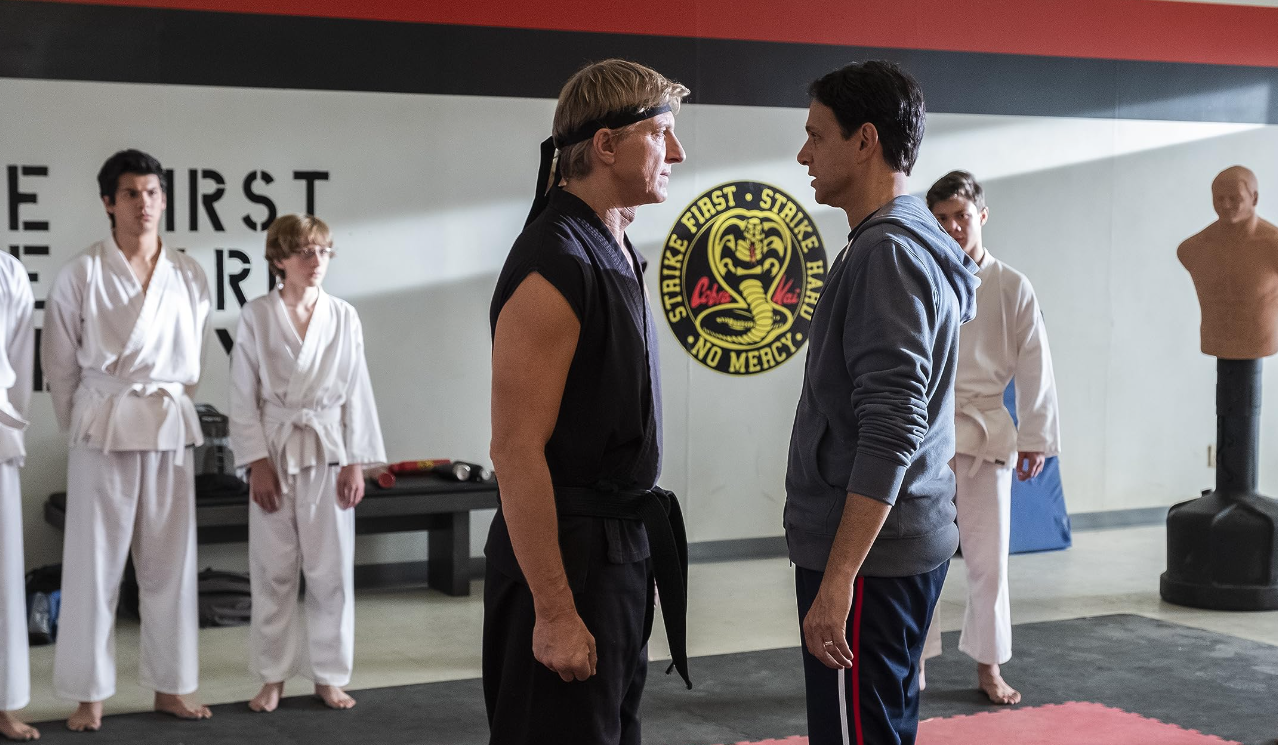 Ralph Macchio stars as Daniel LaRusso (r), renewing his fued against William Zabka's Johnny Lawrence in Netflix's Cobra Kai.