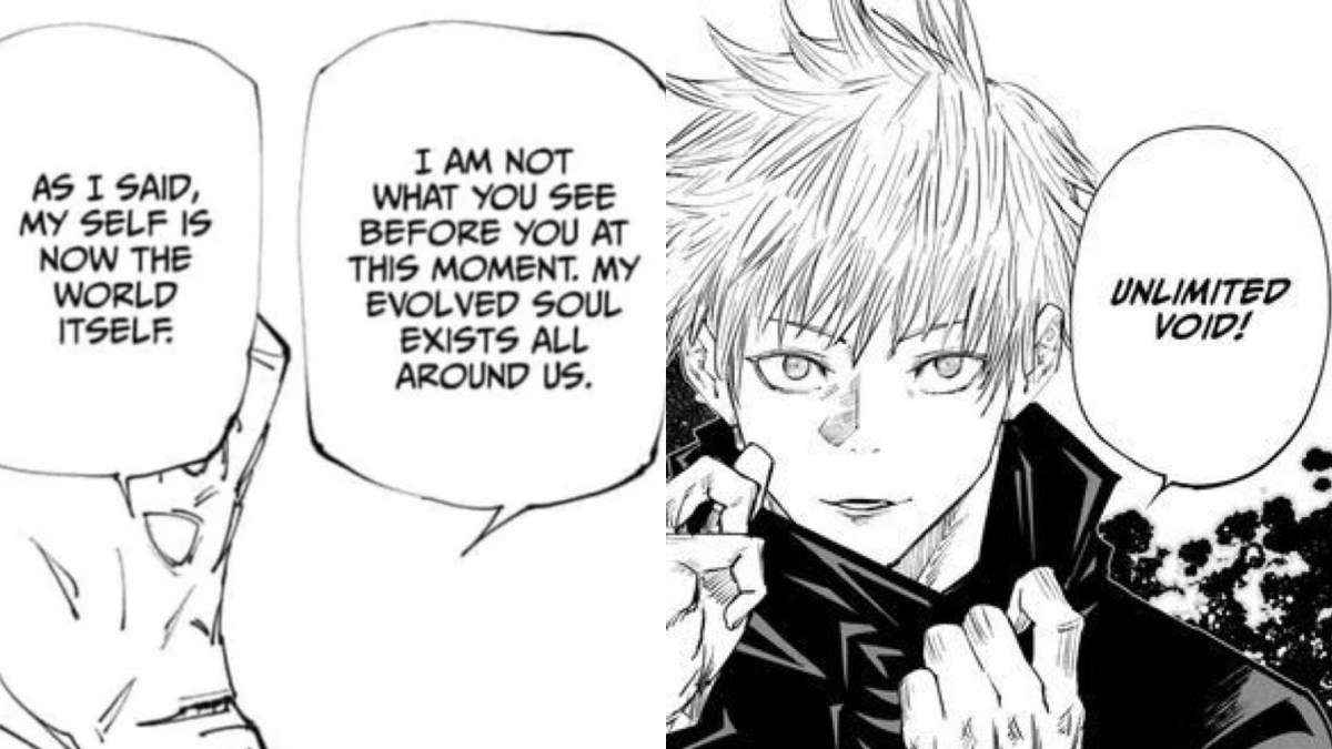 Stills of Jujutsu Kaisen characters Tengen and Gojo, as seen in the manga