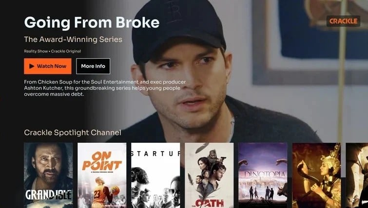 A sample of Crackle's available entertainment, including Going From Broke, is shown.