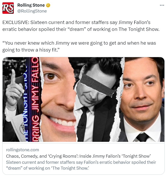A social media post on the site X by Rolling Stone shares an article about Jimmy Fallon.