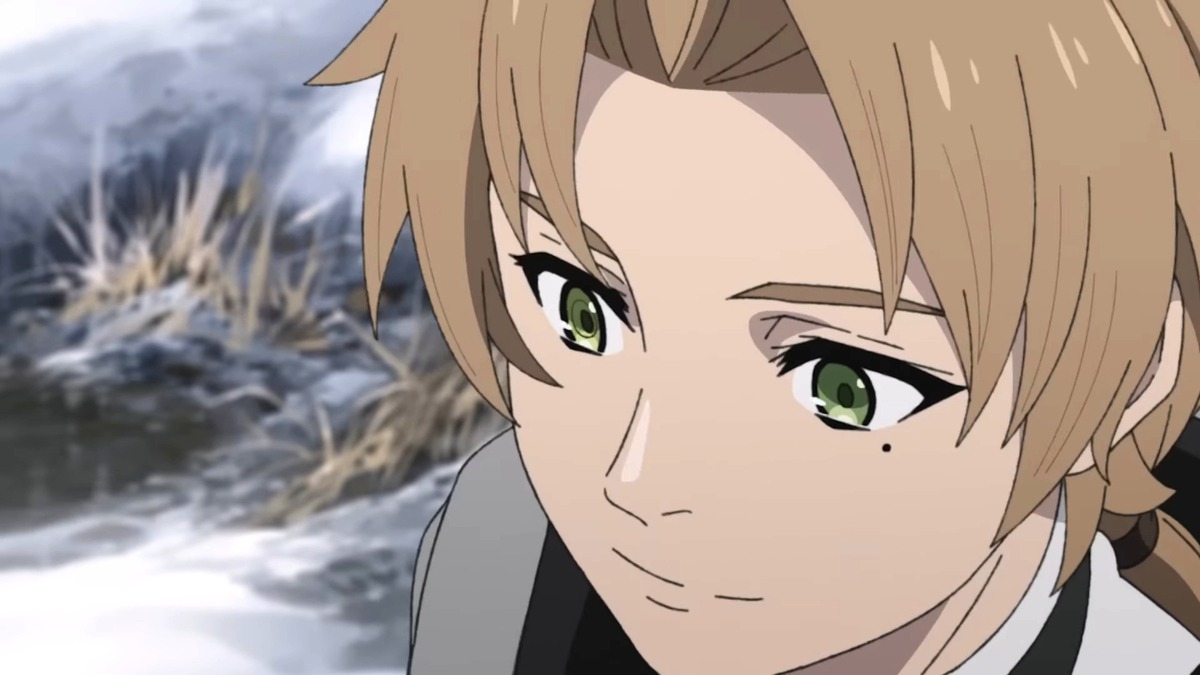 Close up of Rudeus Grayrat smiling in season 2 of 'Mushoku Tensei: Jobless Reincarnation.'