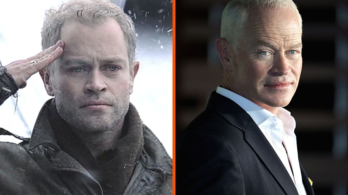 Montage of actor Neal McDonough with images from his character in 'Band of Brothers' and a red carpet appearance in 2023.