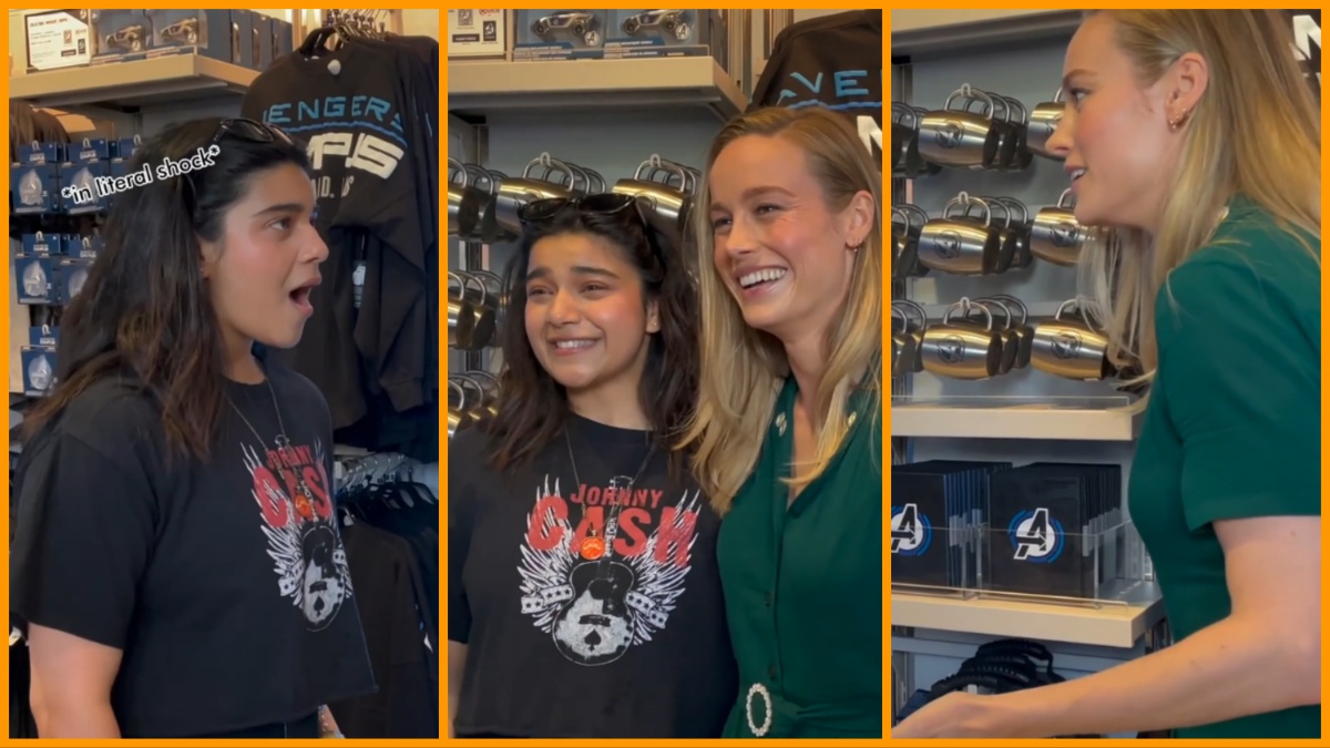 Brie Larson and Iman Vellani visit the Avengers Campus attraction at Disneyland.