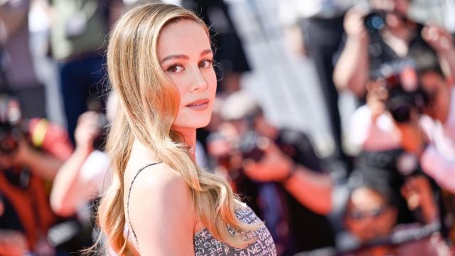 Brie Larson looks at the camera at a red carpet event.