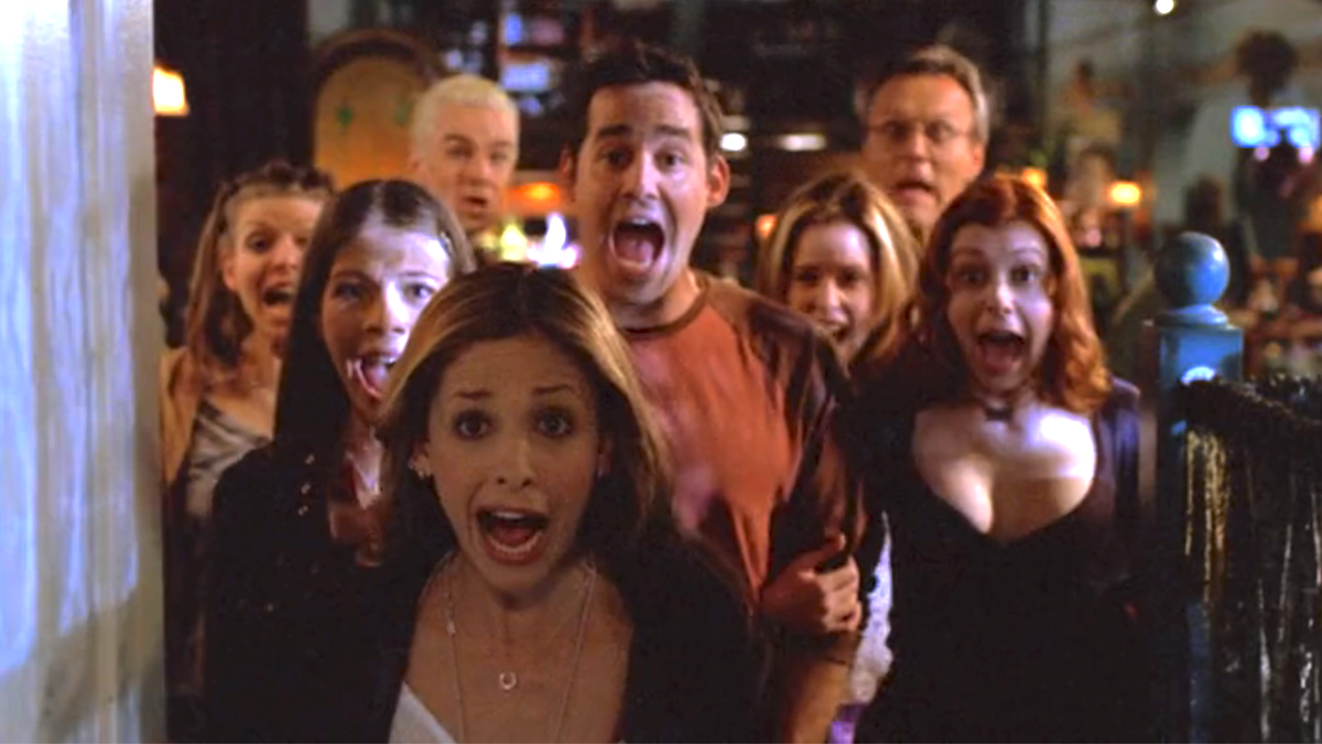 Buffy, Willow, Xander, and the rest of the Scooby Gang scream at something directly behind the camera in 'Buffy the Vampire Slayer' episode "Tabula Rasa"