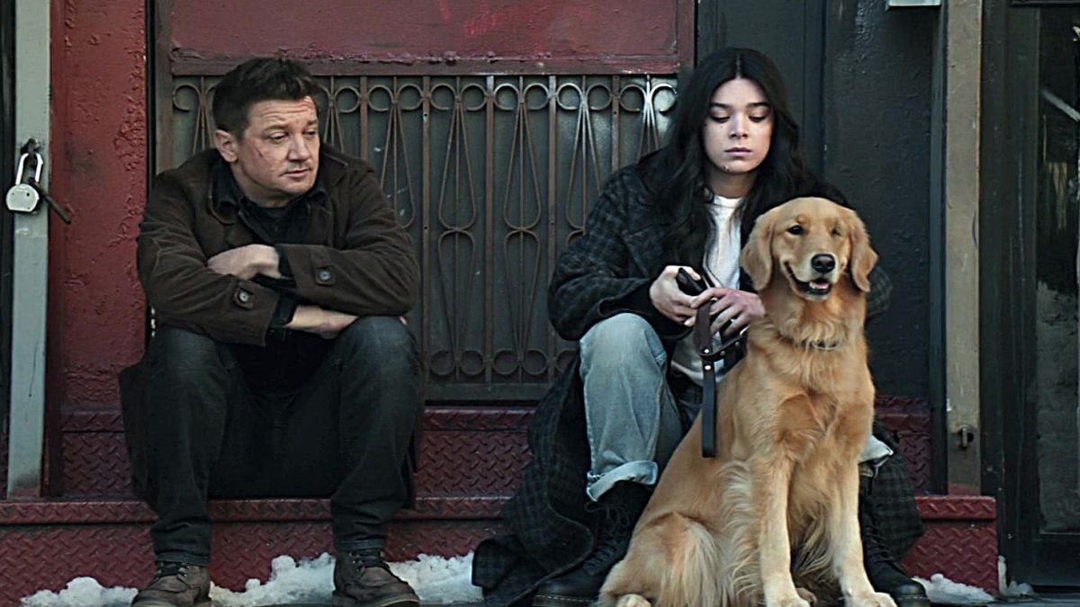 Clint (L), Kate (C), and Lucky The Pizza Dog (R) hang out in Marvel Studios' 'Hawkeye'.