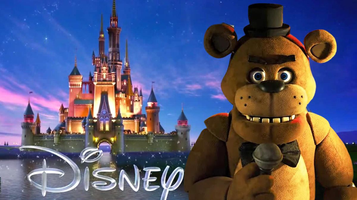 Freddy Fazbear from Five Nights at Freddy's overlaid over the Disney logo