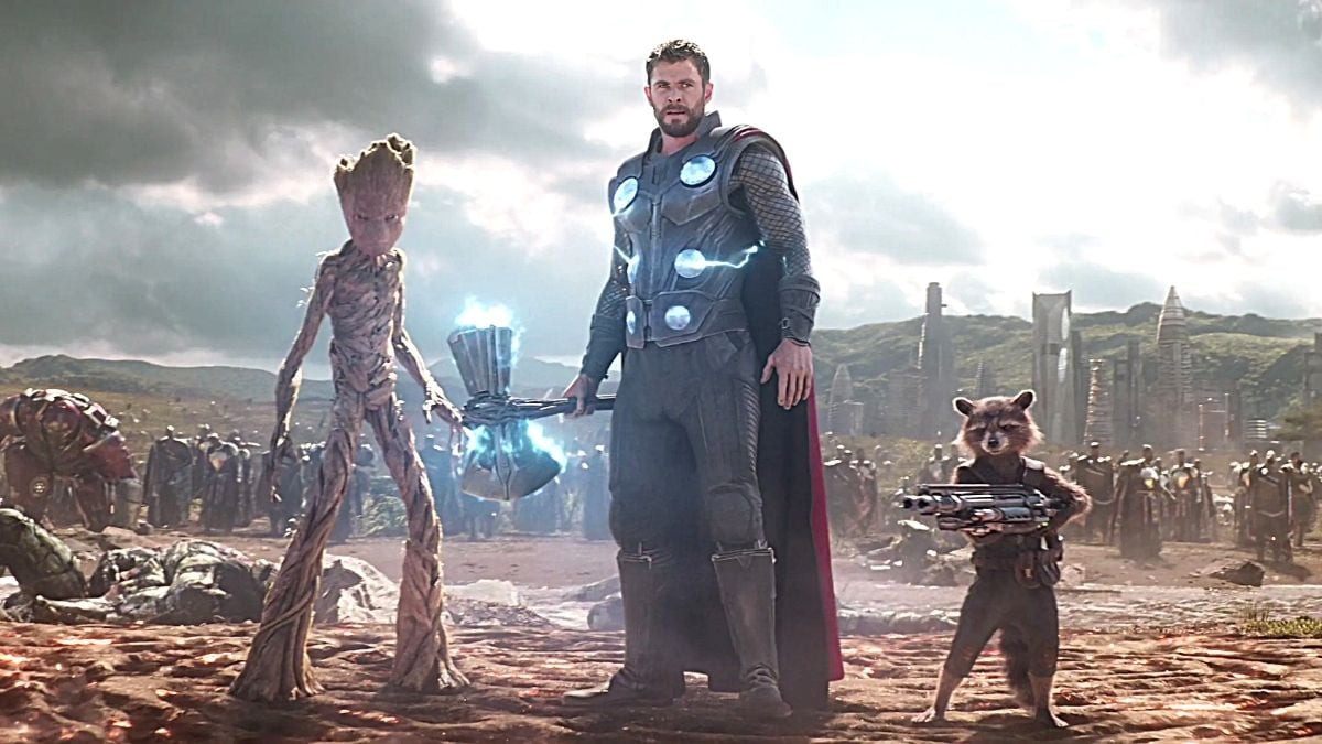 Groot (L), Thor (C), and Rocket (R) arrive to the Wakanda battle in Marvel Studios' 'Avengers: Infinity War'.