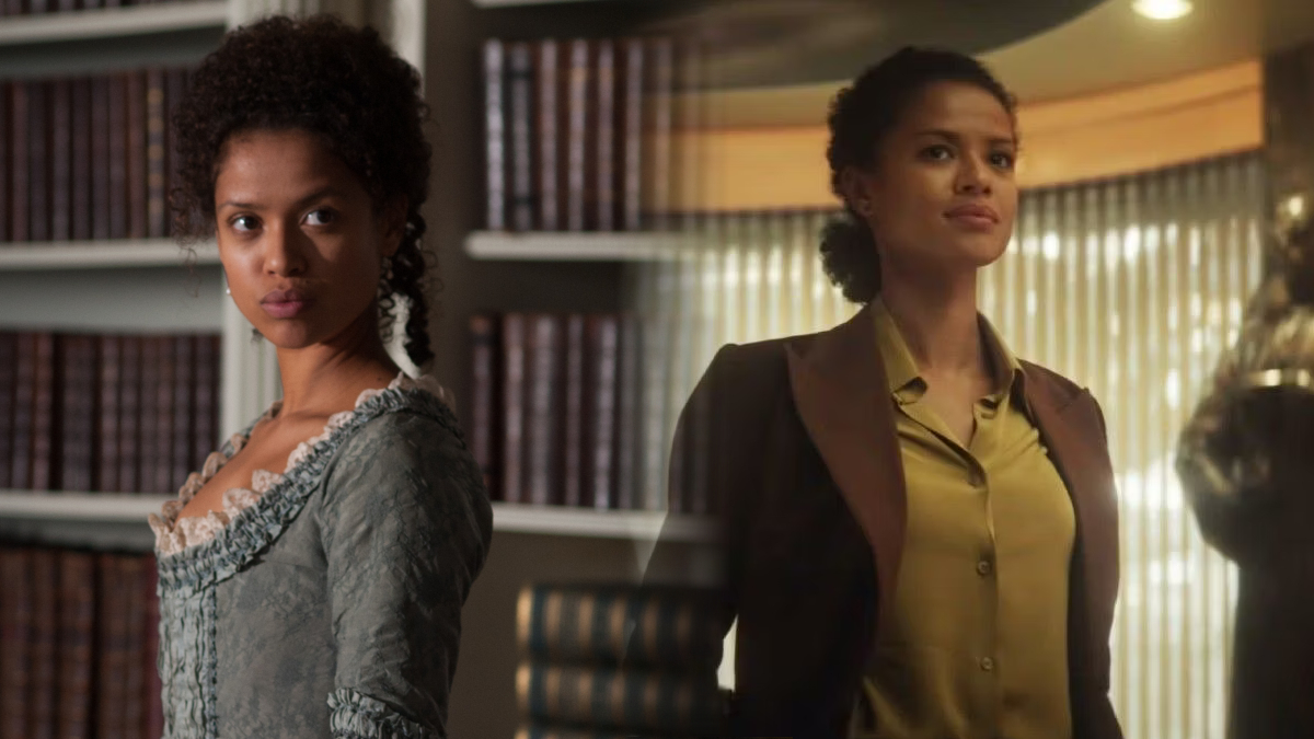 On the left, a black woman stands in front of a bookshelf in 1770s period dress.n the right, a black woman in a retro brown suit.
