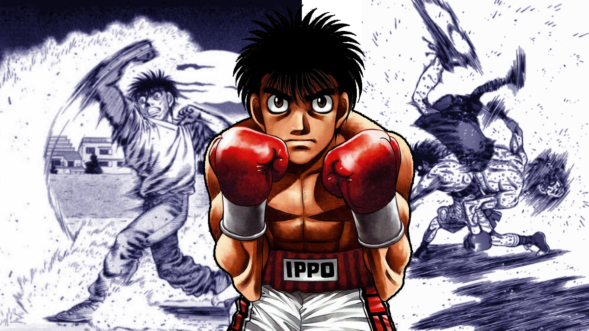 A boxer in a fighting stance is in the middle of the picture. To either side of him in the background are scenes of boxing.