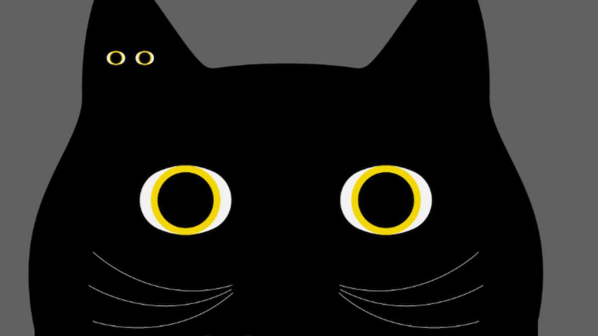 A cartoon drawing of black cat with an extra set of eyes on one ear. 