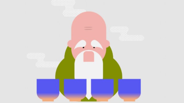 A cartoon drawing of an old man sitting in front four tea cups.