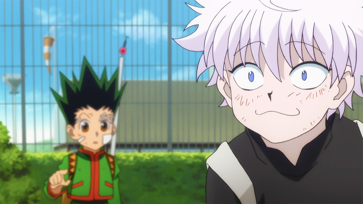 Killua looking like a cat and Gon in the back in episode 25 of Hunter x Hunter