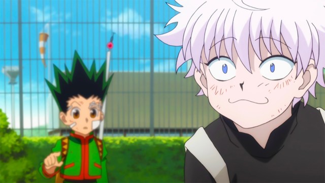 Killua looking like a cat and Gon in the back in episode 25 of Hunter x Hunter