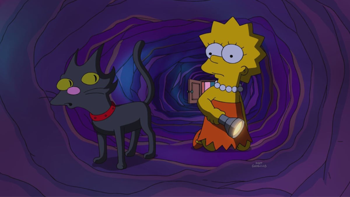 A black cat leads Lisa Simpson through a dark and spooky tunnel.