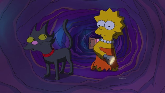 A black cat leads Lisa Simpson through a dark and spooky tunnel.