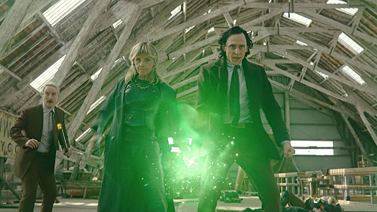 Mobius (L), Sylvie (C), and Loki (R) in battle in Marvel Studios' 'Loki'.