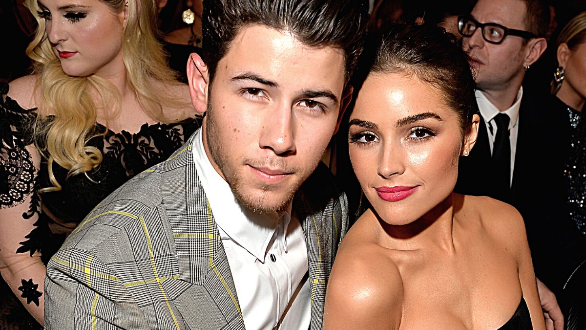 LOS ANGELES, CA - FEBRUARY 08: Singer Nick Jonas (L) and actress Olivia Culpo during The 57th Annual GRAMMY Awards at the STAPLES Center on February 8, 2015 in Los Angeles, California.