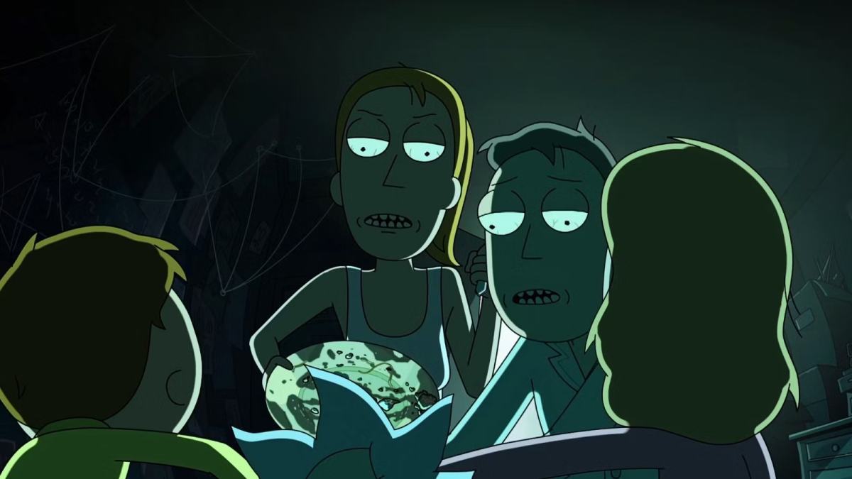 Night Family funneling food waste into Rick's mouth on 'Rick and Morty'