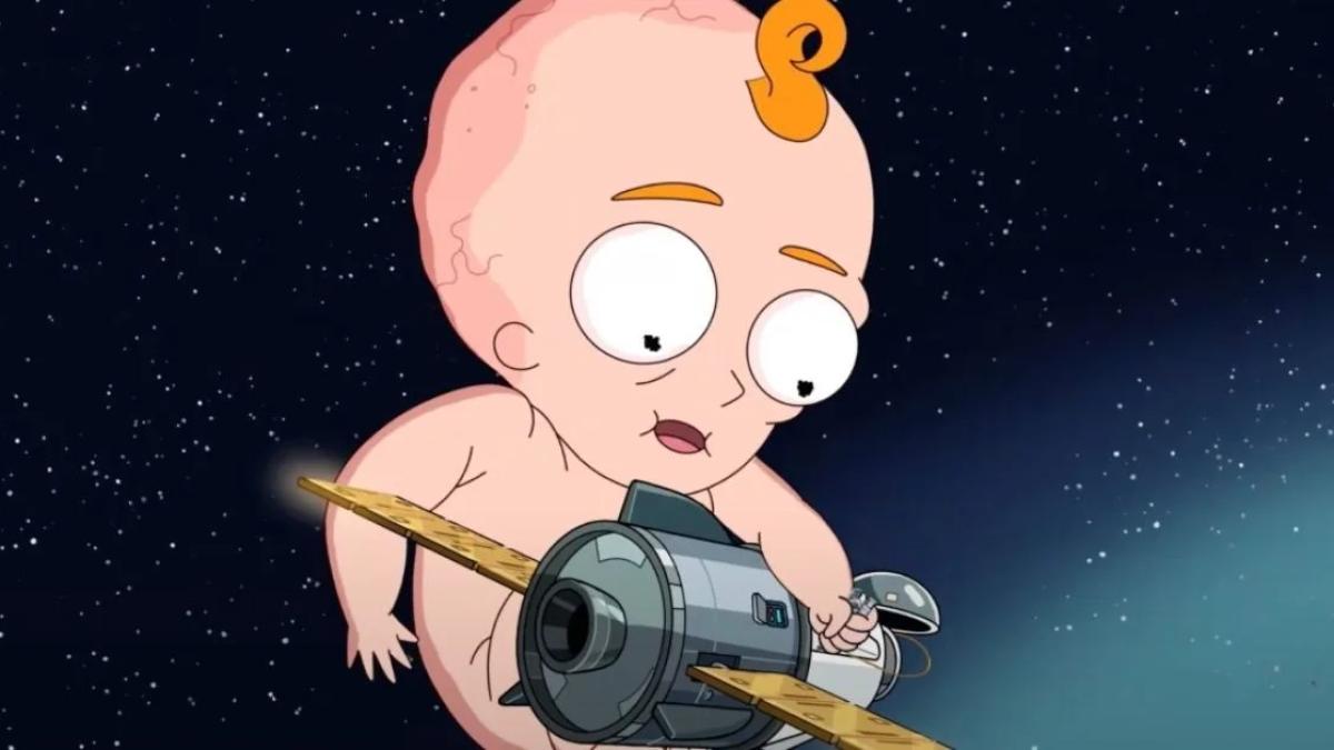 Giant space baby playing with a satellite on 'Rick and Morty'