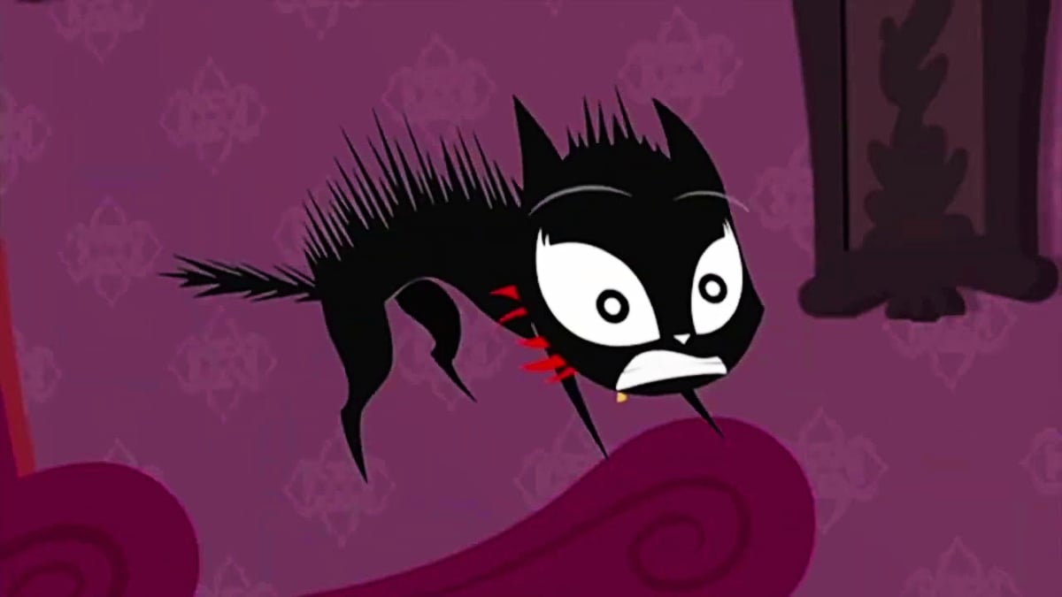 A cartoon black cat looks alarmed with its back fur raised on end.