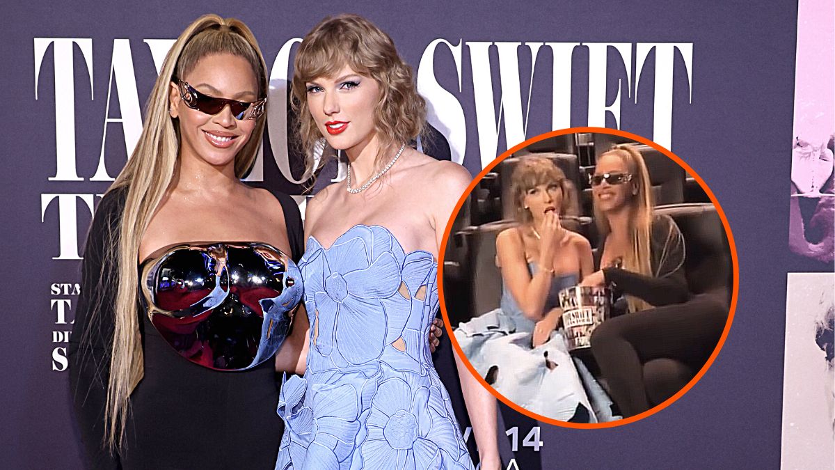 Photo montage of Beyoncé and Taylor Swift at the Los Angeles premiere for the Eras Tour concert movie.