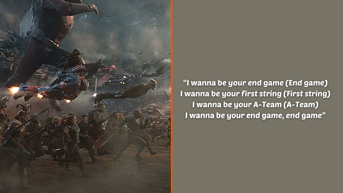 Photo montage of every Marvel superhero running toward battle in Marvel Studios 'Avengers: Endgame' and an excerpt of the lyrics from Taylor Swift's 'End Game'.