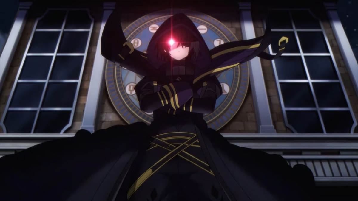 A man in a dark black cloak with a single gleaming red eye