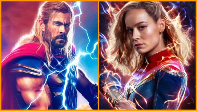 Chris Hemsworth as Thor in 'Thor: Love and Thunder' poster/Brie Larson as Captain Marvel in 'The Marvels' poster.