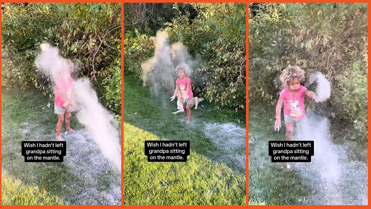 A little girl plays with ashes in a grassy yard.