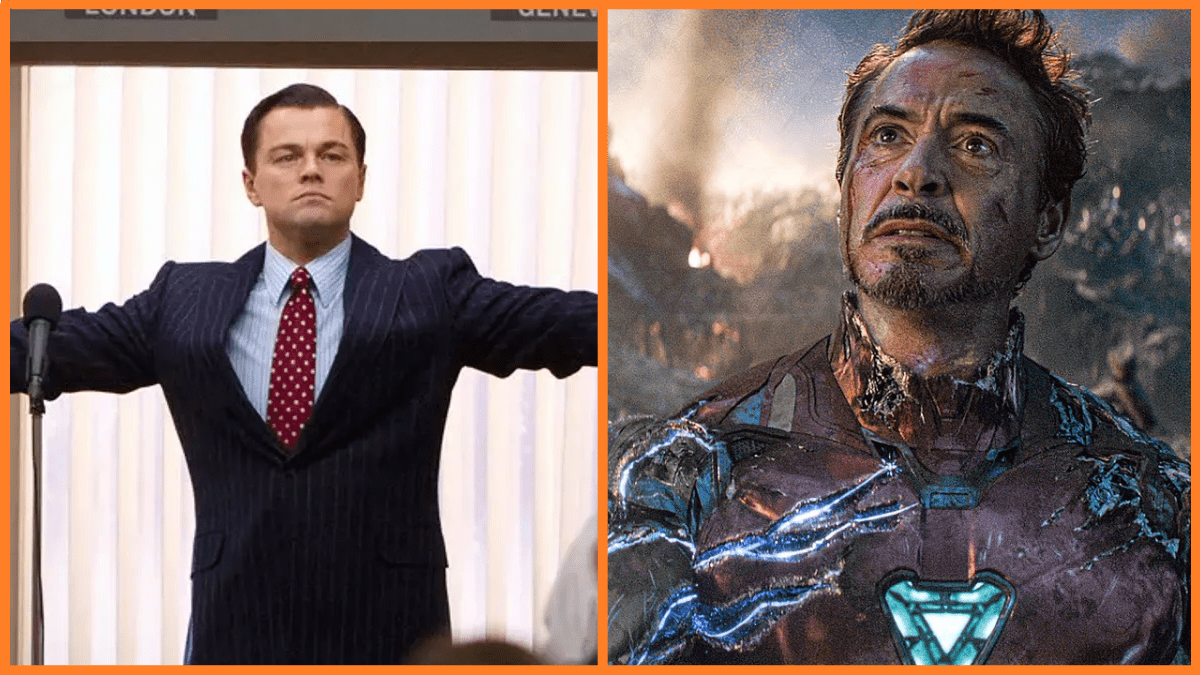 Split image of Jordan Belfort and Tony Stark