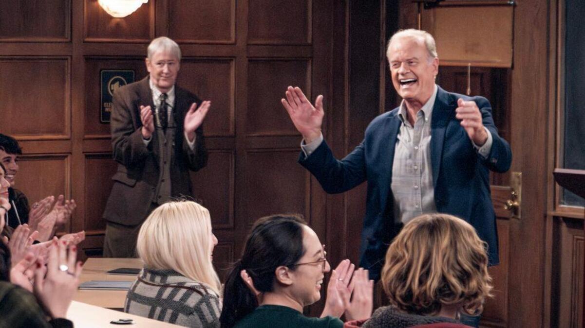 Frasier Crane (Kelsey Grammer) speaks to his colleagues at the psychology department, including Alan Cornwall (Nicholas Lyndhurst), in the 'Frasier' reboot. 