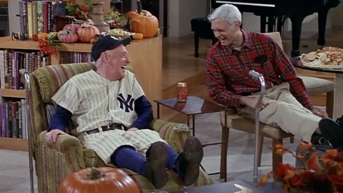 Martin (dressed as Joe DiMaggio) and Niles (dressed as Martin) share a laugh in 'Frasier.' 