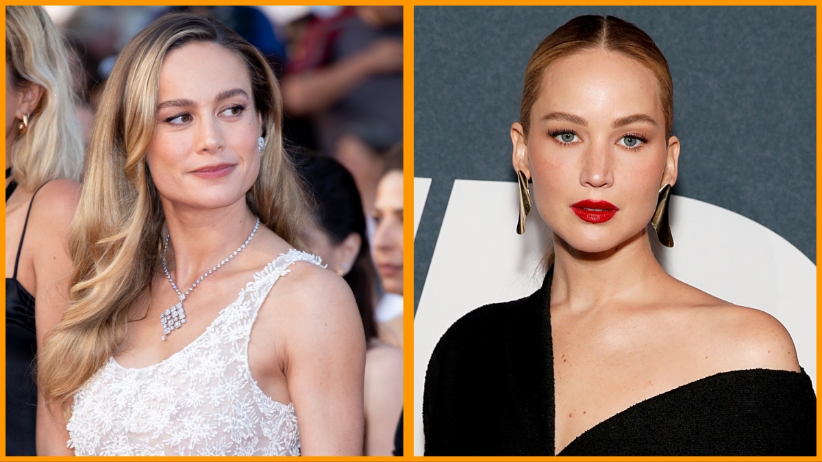 Brie Larson attends the "Elemental" screening and closing ceremony red carpet during the 76th annual Cannes film festival at Palais des Festivals on May 27, 2023/Jennifer Lawrence attends the 2023 WWD Honors at Casa Cipriani on October 24, 2023 in New York City