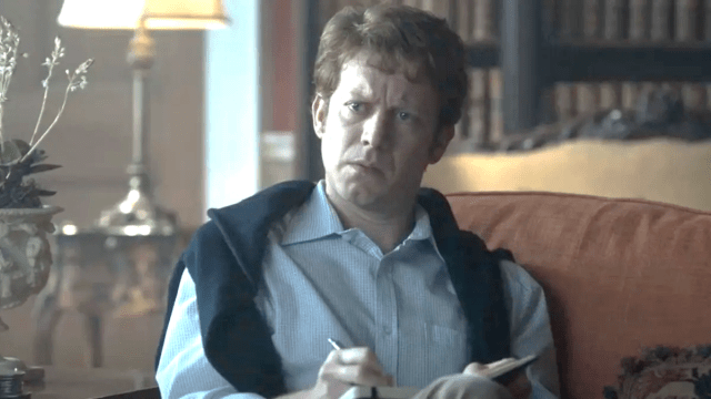 Phillip Cumbus as Charles Spencer in 'The Crown', taking notes from a meeting with Martin Bashir