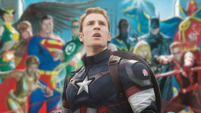 Chris Evans looking shocked as Steve Rogers in Captain America: Civil War superimposed over a blurred piece of Justice League artwork from comics artist Alex Ross.