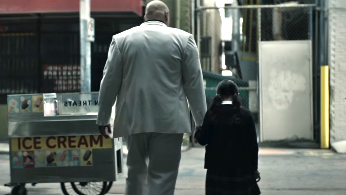 Kingpin and Young Maya walk hand in hand along a New York ally from behind in the 'Echo' trailer.