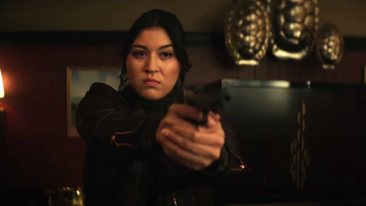 Maya Lopez (Alaqua Cox) brandishes a gun in a screenshot from the Echo trailer.