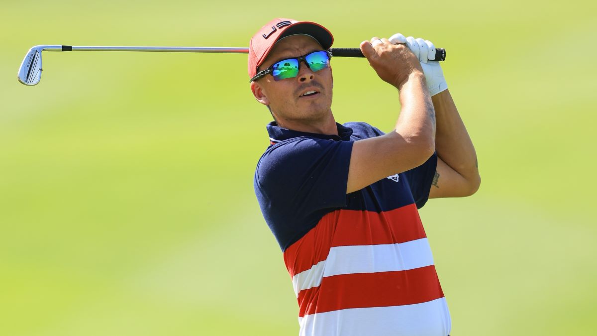 Rickie Fowler of The United States team plays his second shot on the first hole in his match against Tommy Fleetwood during the Sunday singles matches of the 2023 Ryder Cup at Marco Simone Golf Club on October 01, 2023 in Rome, Italy. (Photo by David Cannon/Getty Images)